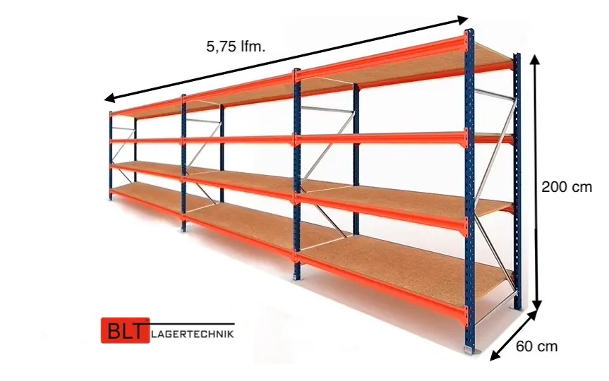 5,75 lfm Weitspannregale 60cm tief , 4 Ebenen, Werkstattregale , Lagerregale , Großfachregale , Handlager , Fachbodenregale