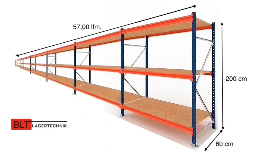 57 lfm Weitspannregale 60cm tief , 3 Ebenen, Werkstattregale , Lagerregale , Großfachregale , Handlager , Fachbodenregale