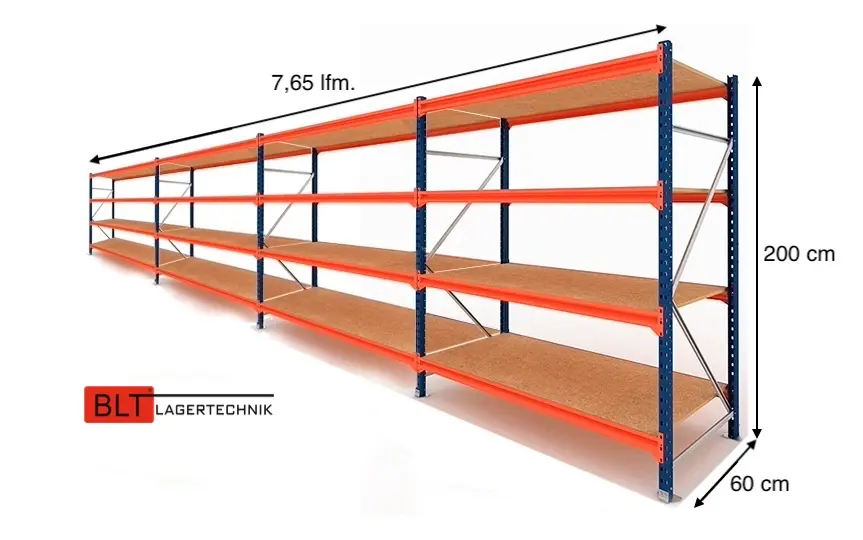 7,65 lfm Weitspannregale 60cm tief , 4 Ebenen, Werkstattregale , Lagerregale , Großfachregale , Handlager , Fachbodenregale