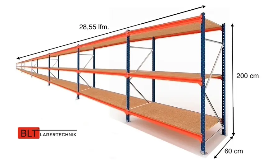 28,55 lfm Weitspannregale 60cm tief , 3 Ebenen, Werkstattregale , Lagerregale , Großfachregale , Handlager , Fachbodenregale