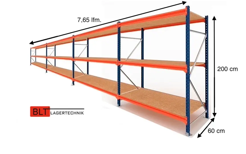 7,65 lfm Weitspannregale 60cm tief , 3 Ebenen, Werkstattregale , Lagerregale , Großfachregale , Handlager , Fachbodenregale