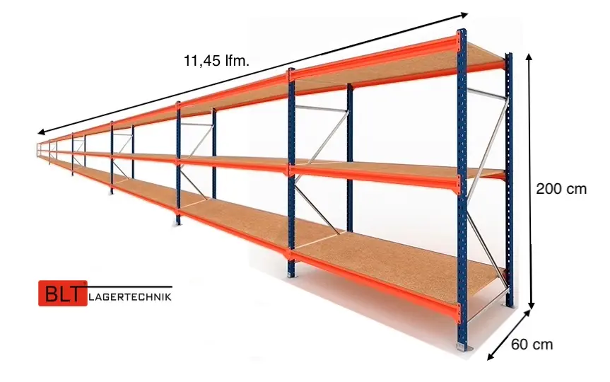 11,45 lfm Weitspannregale 60cm tief , 3 Ebenen, Werkstattregale , Lagerregale , Großfachregale , Handlager , Fachbodenregale